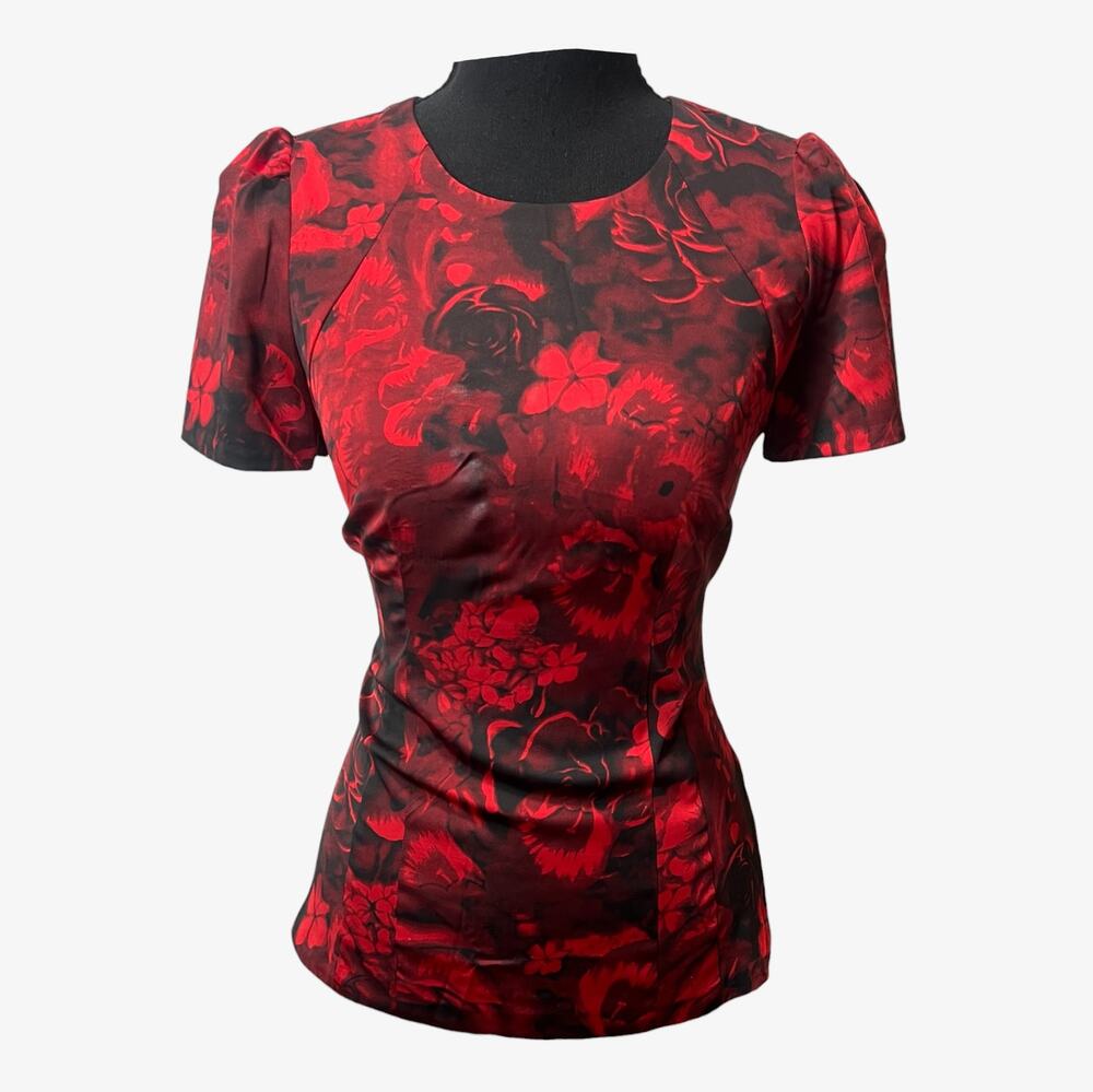 Ann Taylor Black Red Rose Floral Print Ruched Mesh Overlay Blouse Whimsigoth